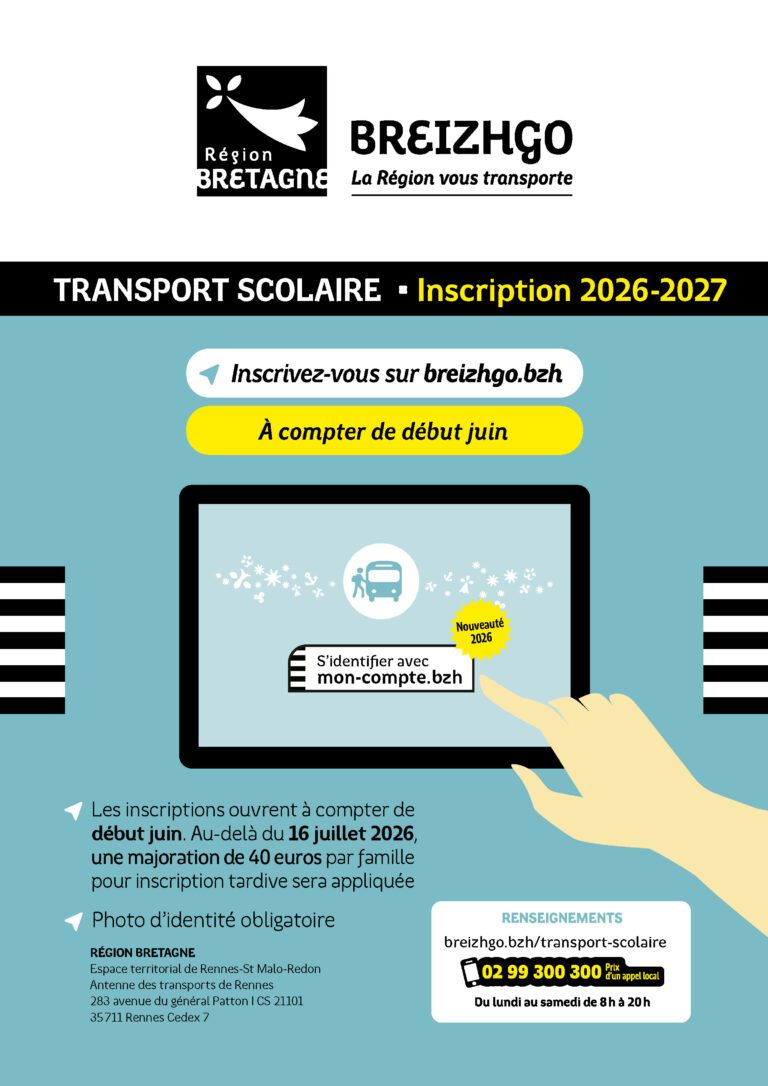 Lire la suite à propos de l’article Inscriptions au transport scolaire BreizhGo – Rentrée 2026 2027